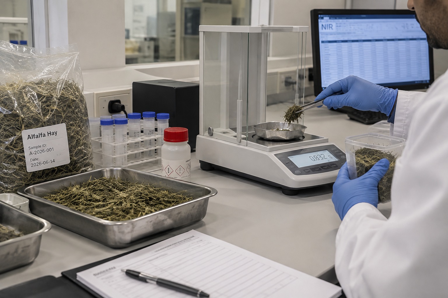 عينات أعلاف جافة في المختبر مع جهاز قياس الرطوبة